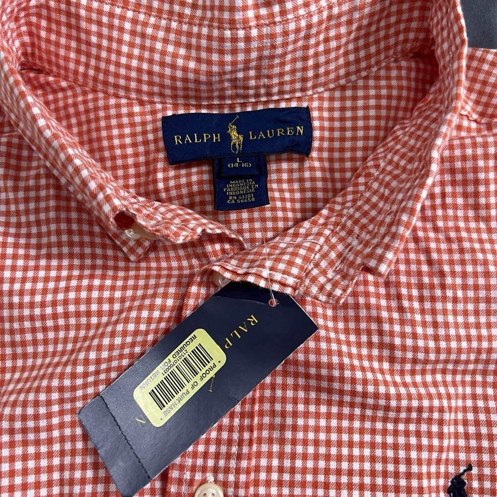 NWT Ralph Lauren Boys Button Down‎ Youth Long Sleeve Orange Gingham Size L 14-16